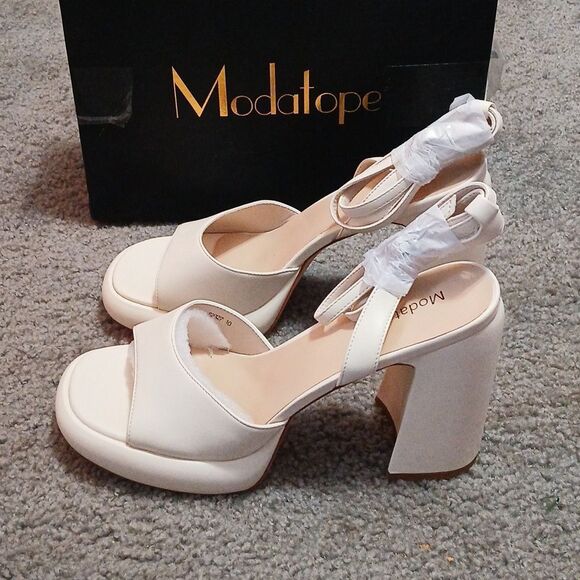 Modatope Chunky Heel, Platform Open Round Toe Ankle Strap off White Sz 10 NWT - Picture 3 of 9